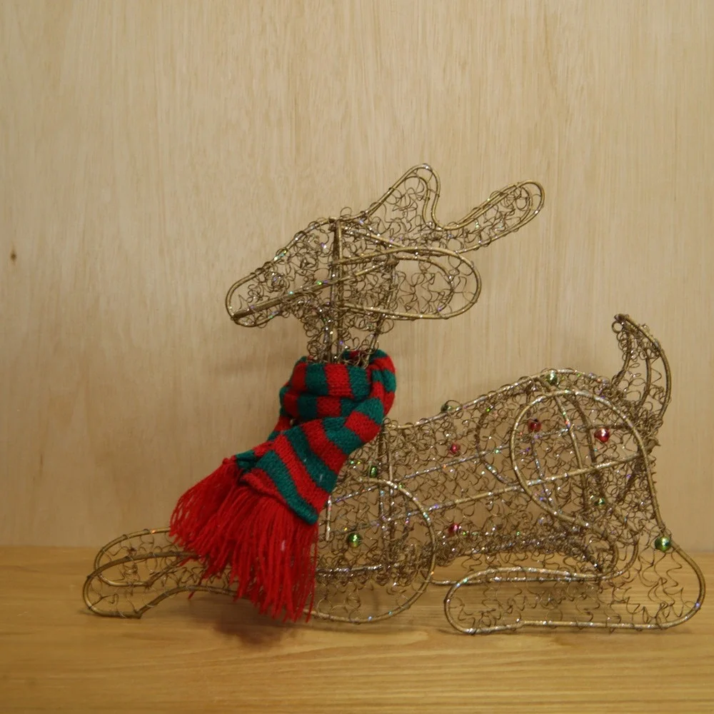 Gold Wire Reindeer Figurine Christmas Decor Glitter Ornaments Scarf 13 Inch